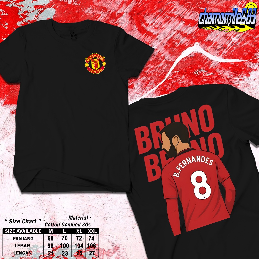 Kaos Hitam Manchester United Bruno Fernandes Nomor 8 Desain Jersey Ilustrasi