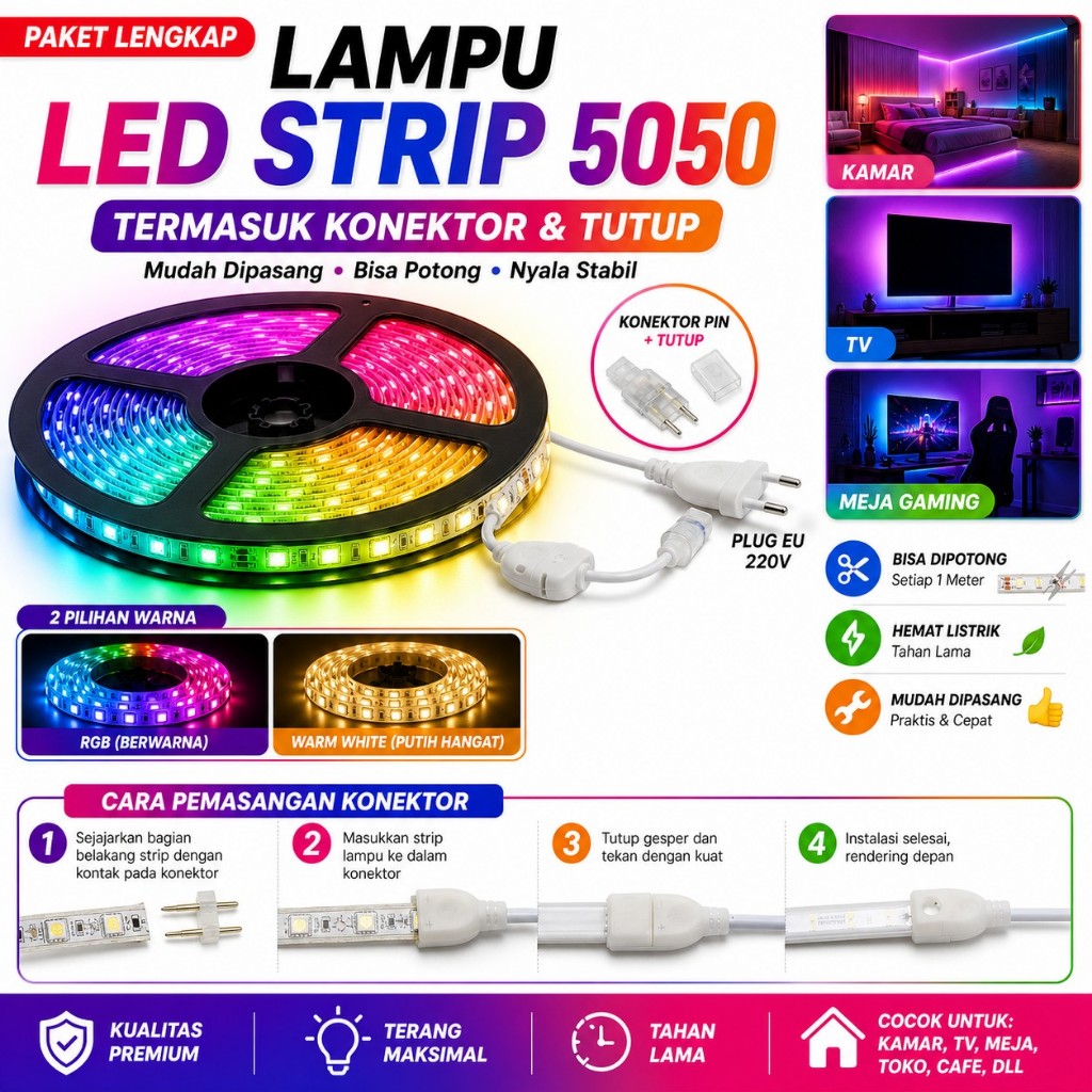 LAMPU STRIP LED 5050 SMD LAMPU SELANG DEKORASI PLAFON KAMAR 36 LED TAHAN AIR