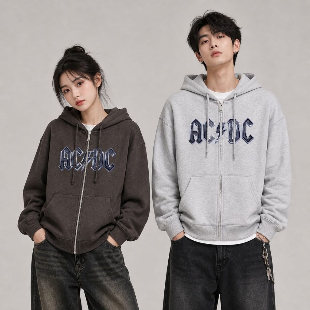 Zipper Boxy ACDC Oversize Cowo Cewe Bisa Pakai Lengan Balon - Hoodie Zipper Boxy ACDC Chrome Zip Bas