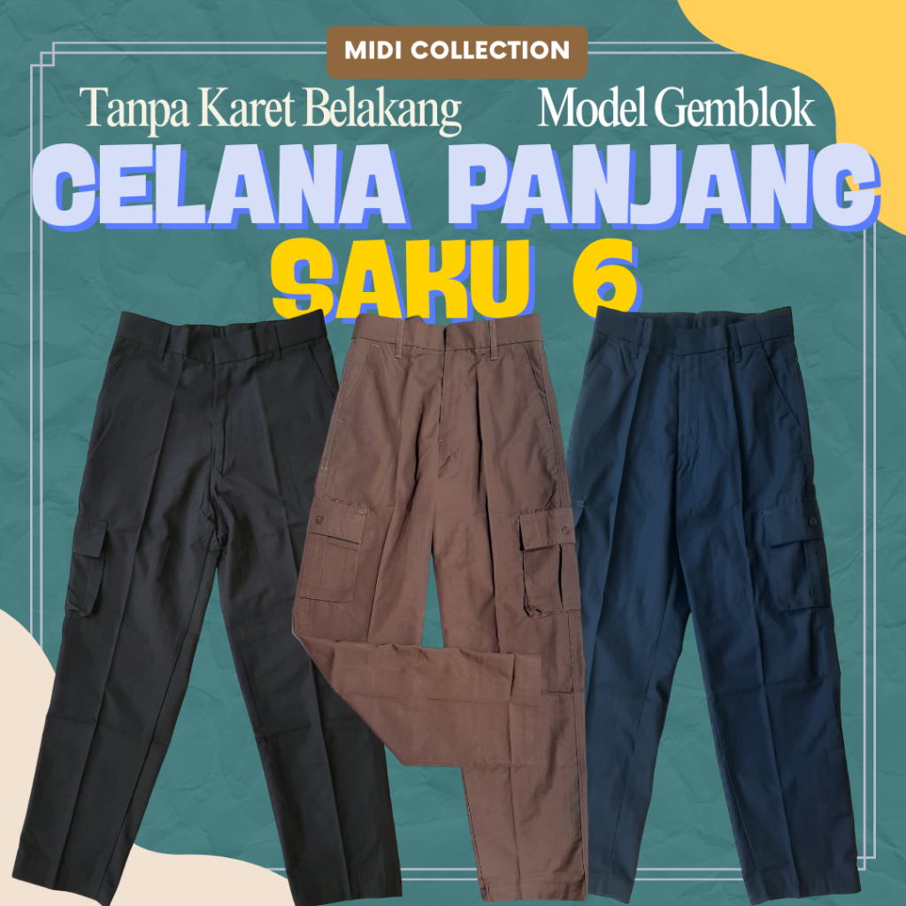 Celana Panjang SMP SMA Pramuka PMR | Hitam Coklat Biru | Cargo 6 Kantong Gemblok | Tanpa Karet Premi