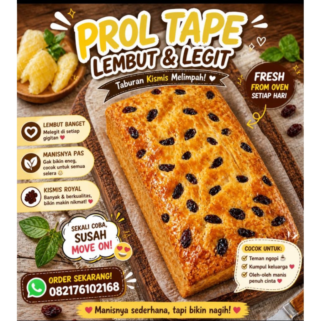 Kue Prol Tape Panggang Kismis Coklat 20x10cm - Tanpa Pengawet, Segar, Homemade