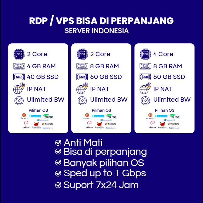RDP / VPS RAM 8 GB 4 CORE | RAM 8 GB 2CORE | RAM 4 GB 2CORE ANTI MATI RDP BULANAN BISA DI PERPANJANG