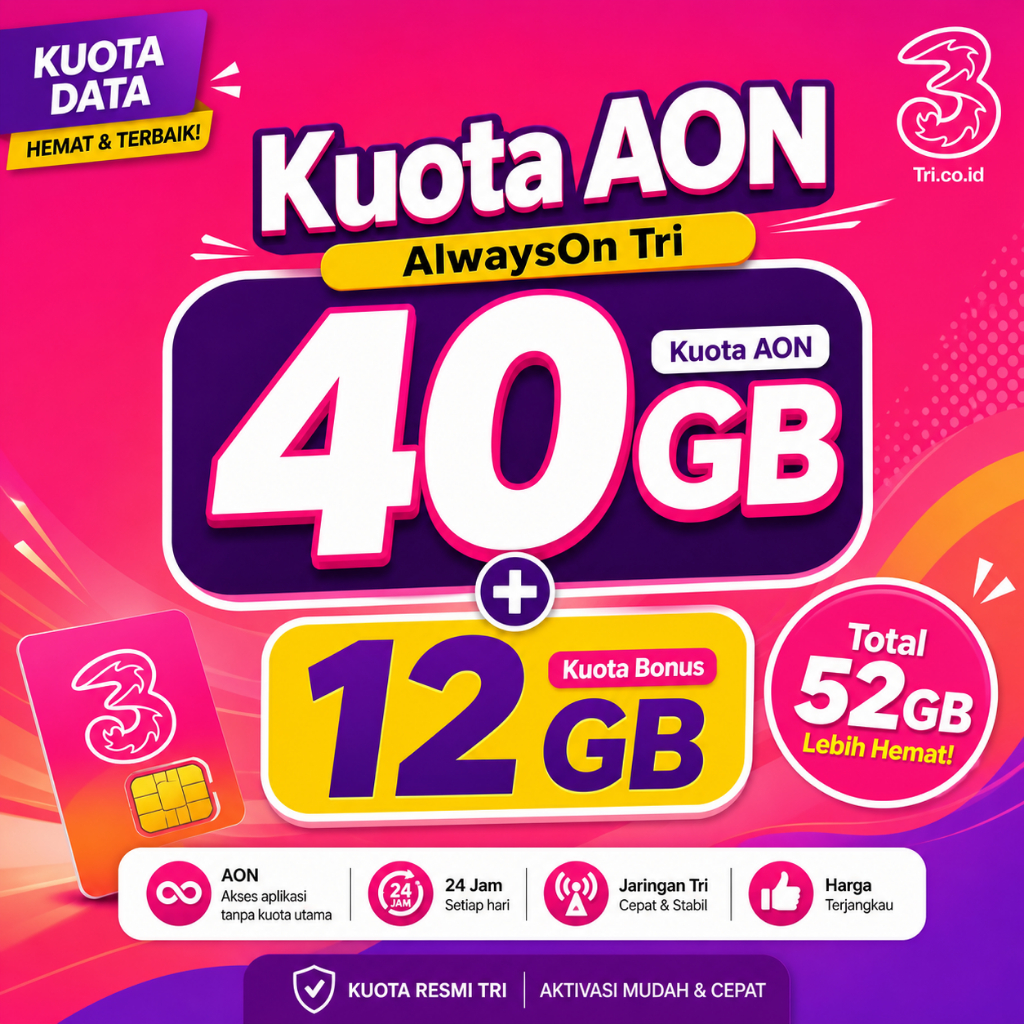 Kuota AON Tri 40GB + 12GB | Total 52GB AlwaysOn | Data Full 24 Jam Murah