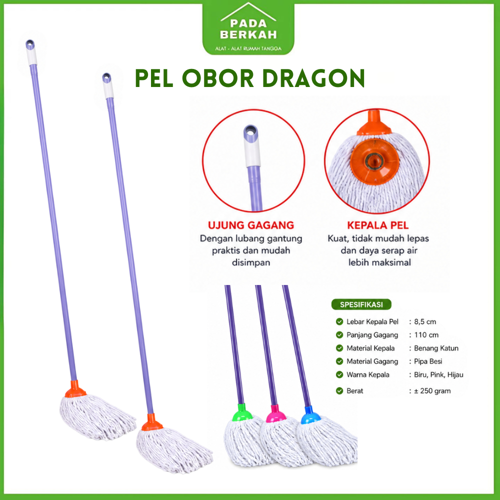 DRAGON Pel Mop Obor Plastik Alat Pel Lantai 110 cm Pembersih Lantai Dragon Bulat KAIN LAP PEL LANTAI