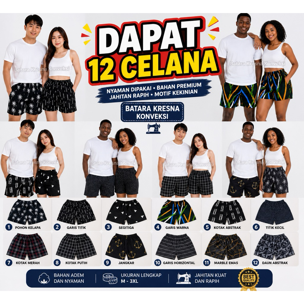 exclusive 1 lusin grosir celana pendek kolor boxer pria wanita lusinan