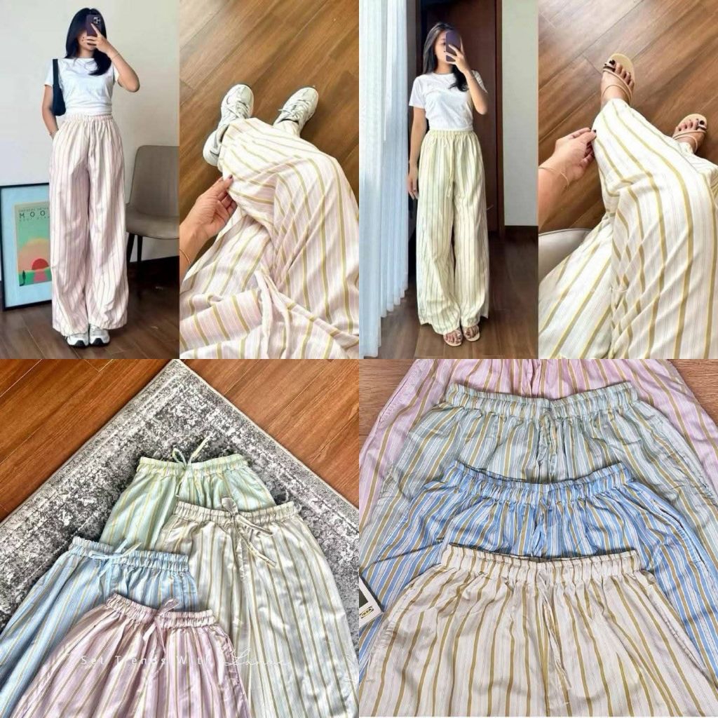 Elshop Celana Kulot High waist motif garis warna warni kekinian