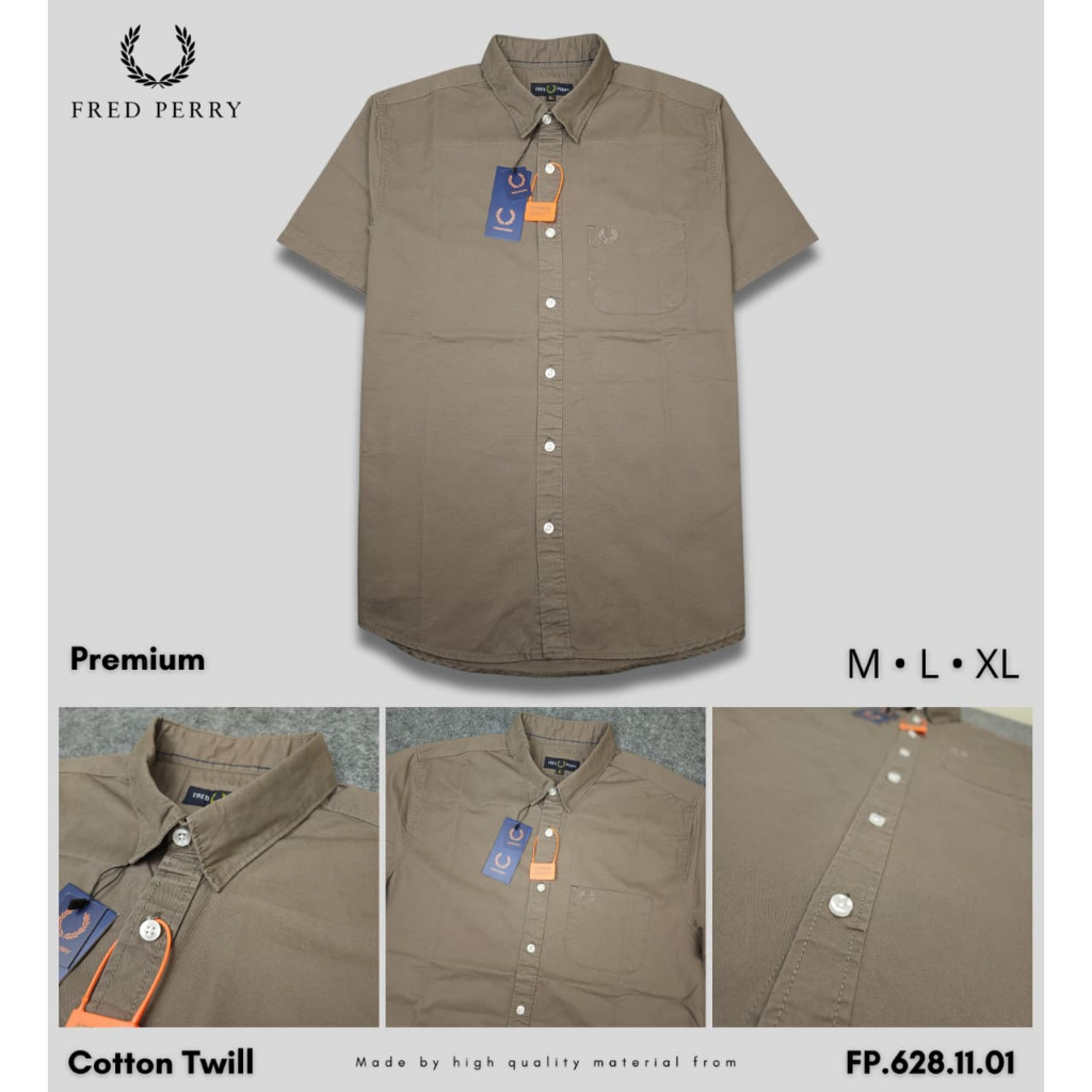 Fred Perry Kemeja Pendek Pria Premium Cotton Twill Lengan Pendek M L XL