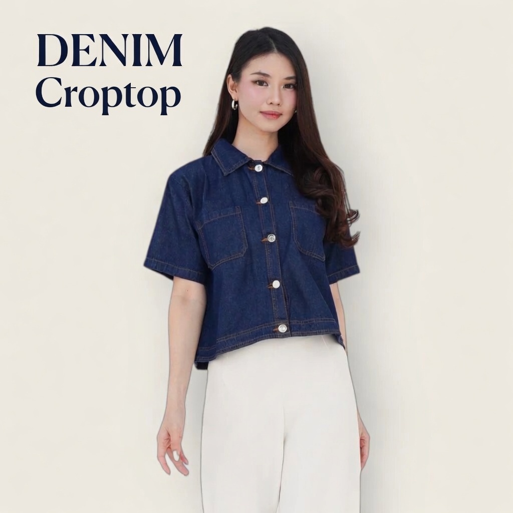 Crop Shirt Kemeja Denim Atasan Wanita Lengan Pendek Kekinian