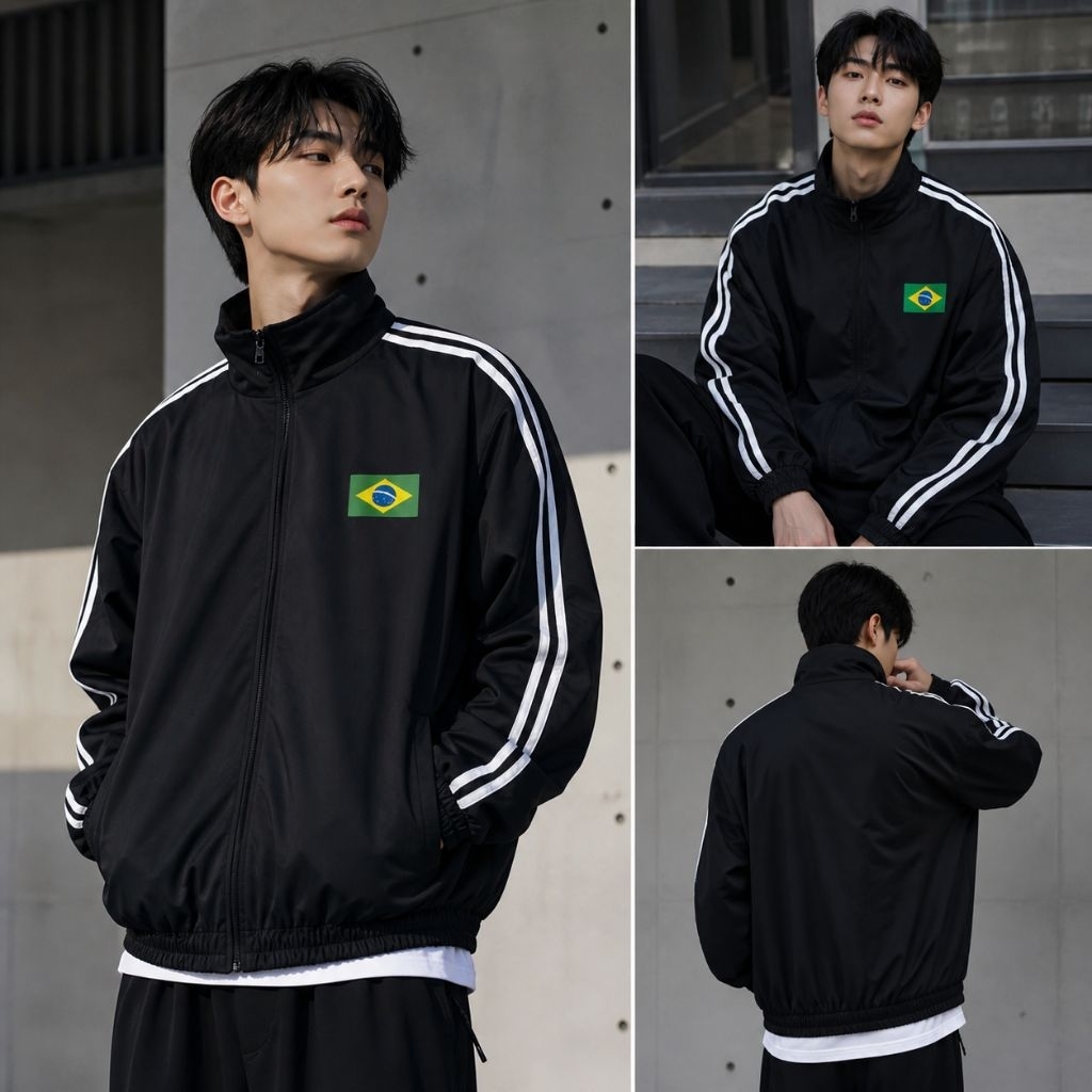 Edisi Piala Dunia 2026 - Tracktop Jacket Olahraga Sporty Outdoor Unisex Hitam List Putih Flag BRAZIL