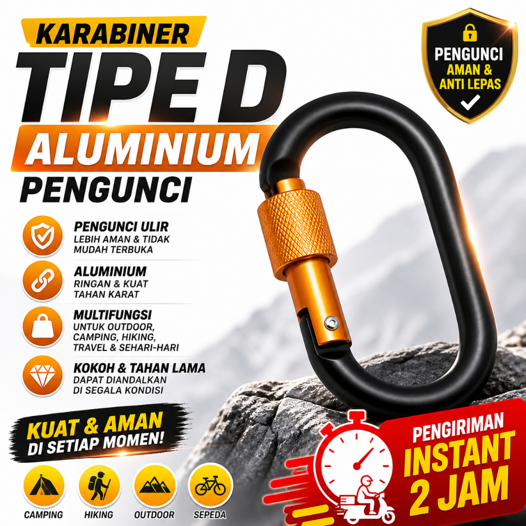 Karabiner Tipe D Aluminium Pengunci Putar Screw Lock Gantungan Tas Outdoor 50KG