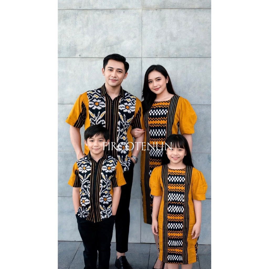 Couple Keluarga Tenun Bunga - Sarimbit Keluarga Tenun - Kemeja Tenun Pria & Dress Tenun Wanita Moder