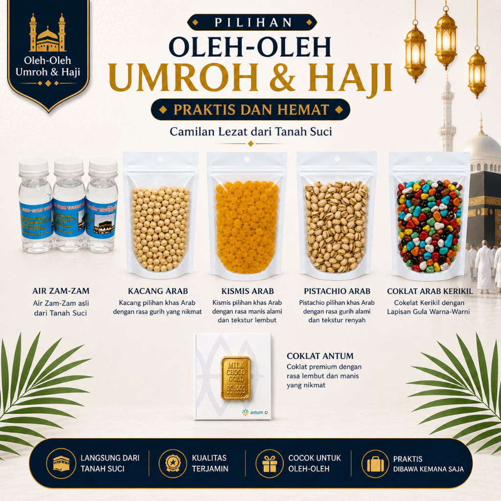 Oleh Oleh Haji dan Umroh Lengkap | Paket Souvenir Umroh Premium | Isi Coklat Arab Kurma Zamzam Kismi