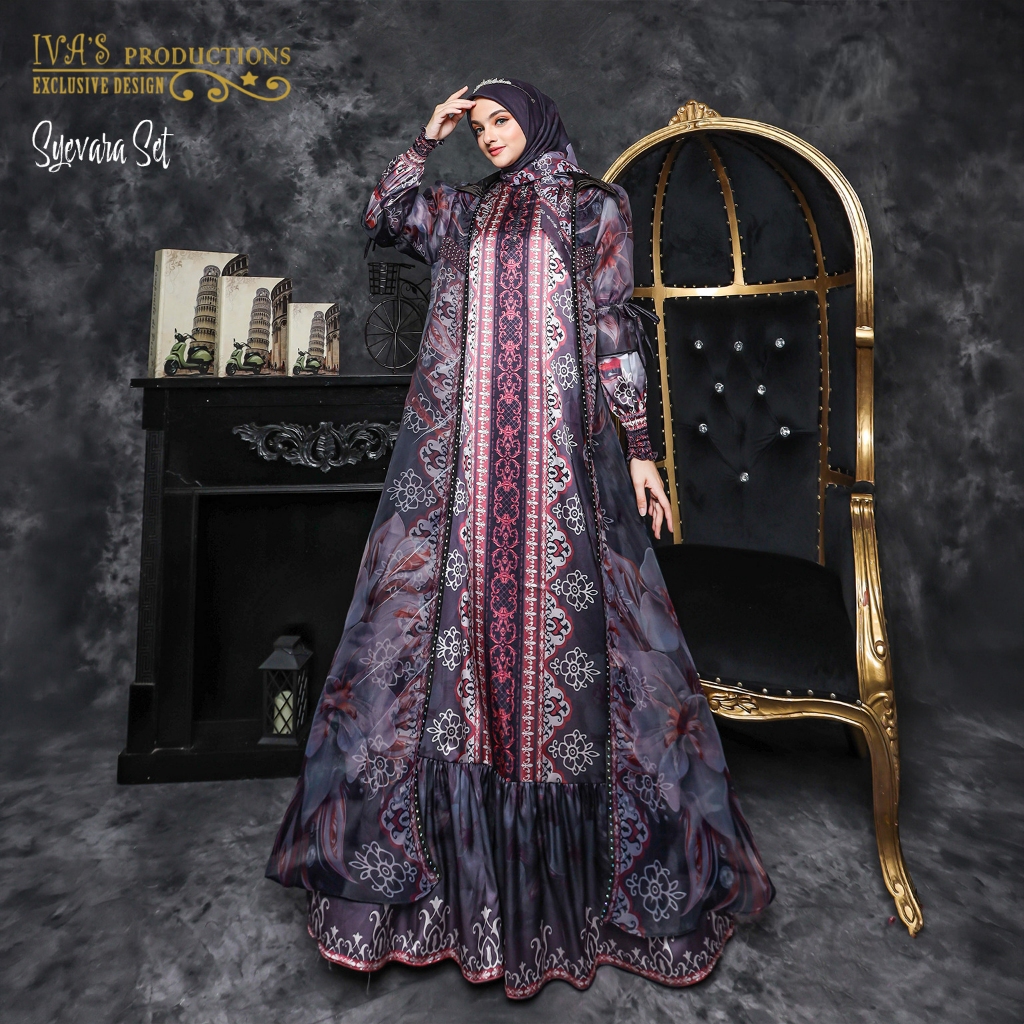 Syevara Abaya by Ivas Production - Set Gamis Hijab Outer 3 in 1 Long Dress Pola Vintage Premium