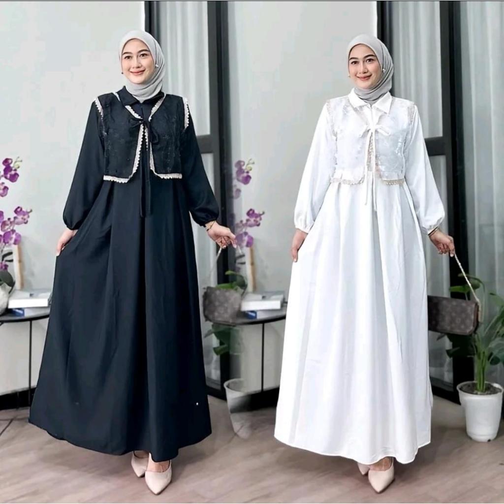 Dress Muslimah Wanita Syakila dengan Rompi Bordir Elegan