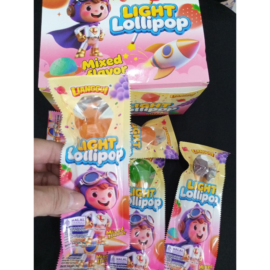 exp April 2028 - Lianggui Light Lollipop Mixed Flavor - Permen Lolipop Stik Lampu Nyala Halal BPOM