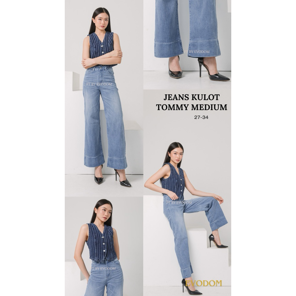 Celana Jeans Kulot Hw Wanita Tommy Medium Blue Bahan Jeans Stretch Lembut, Nyamn Dipakai Evodom Jean