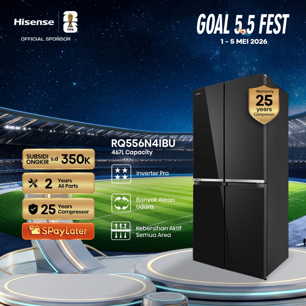 Hisense Kulkas RQ556N4IBU Refrigerator 4 Pintu Kapasitas 467L Warna Hitam Inverter Pro 360 Derajat M