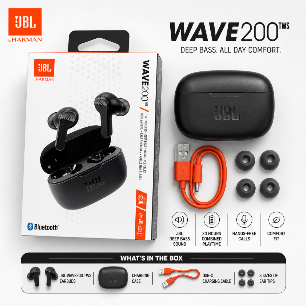 JBL Wave 200 TWS Original Bluetooth Earbuds Deep Bass 20 Jam Playtime Handsfree Mic