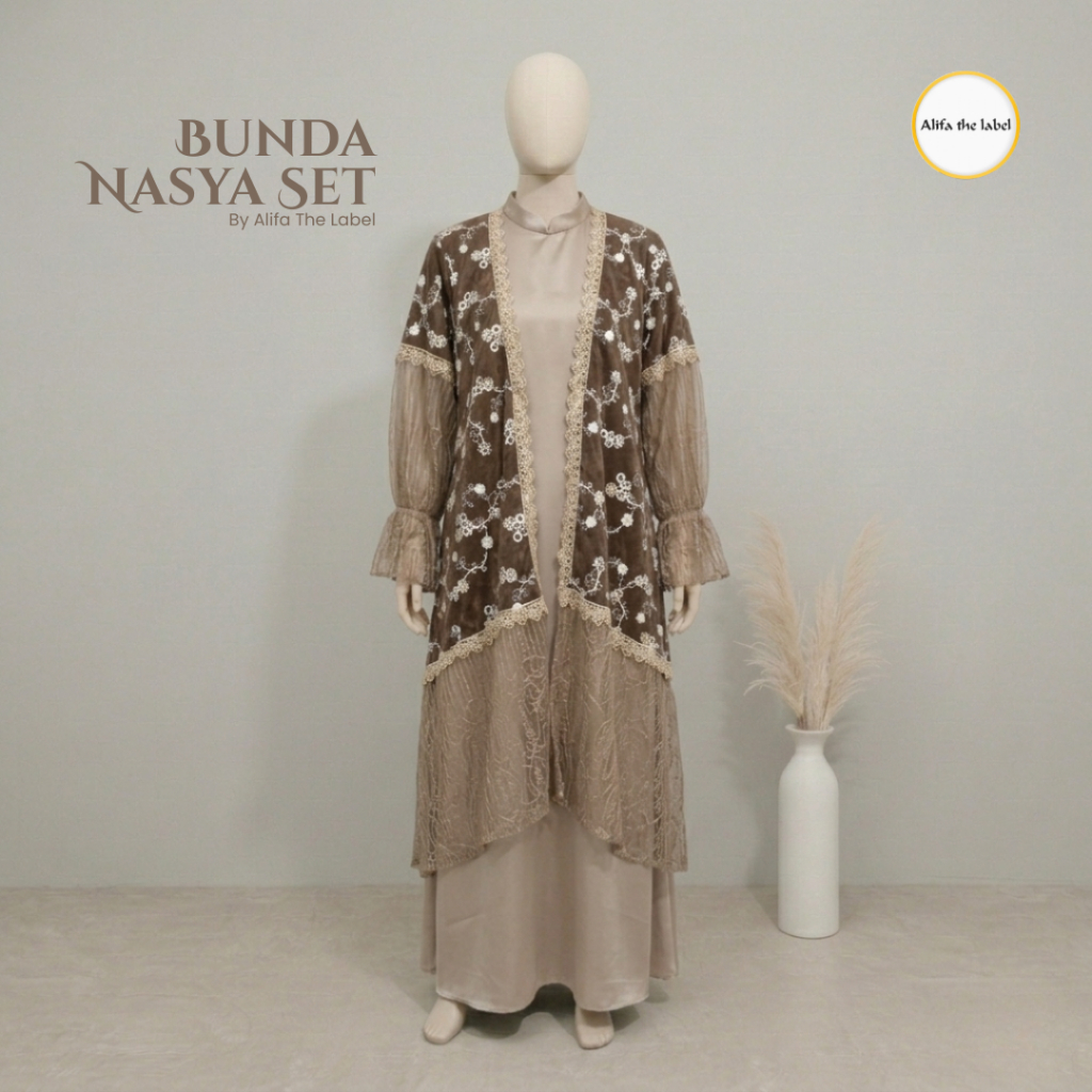 Bunda Nasya Set Gamis Brukat Wanita Chantilly Silk Premium lembut Inner Outer Mewah Elegan Kondangan