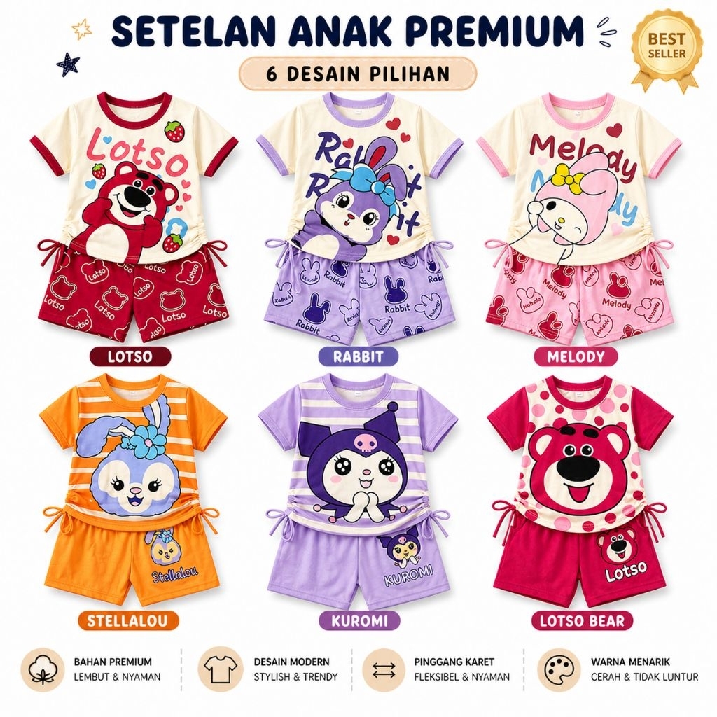 VALMELO SETELAN ANAK PEREMPUAN/SETELAN BAJU ANAK CEWEK 0-4 TAHUN MOTIF TALI SAMPING