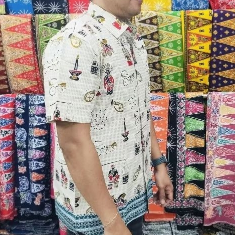 kemeja pendek batik betawi ondel kerak telor - putih