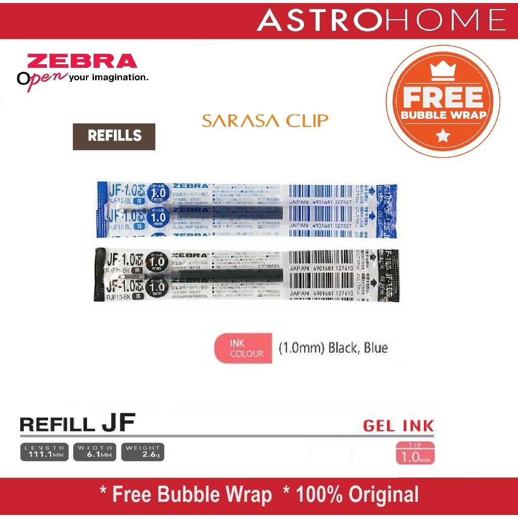Zebra Refill Isi Pulpen Sarasa Clip 1.0 Gel Ink Pen JF1.0 JF 1.0 mm  ( Black, Blue )