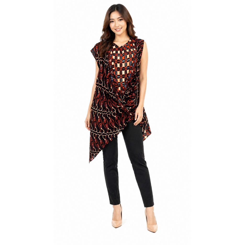 BBT-TLM-PMM Blus Batik Tanpa Lengan Motif Parang Mega Merah Coklat Bahan adem nyaman tebal & tidak m