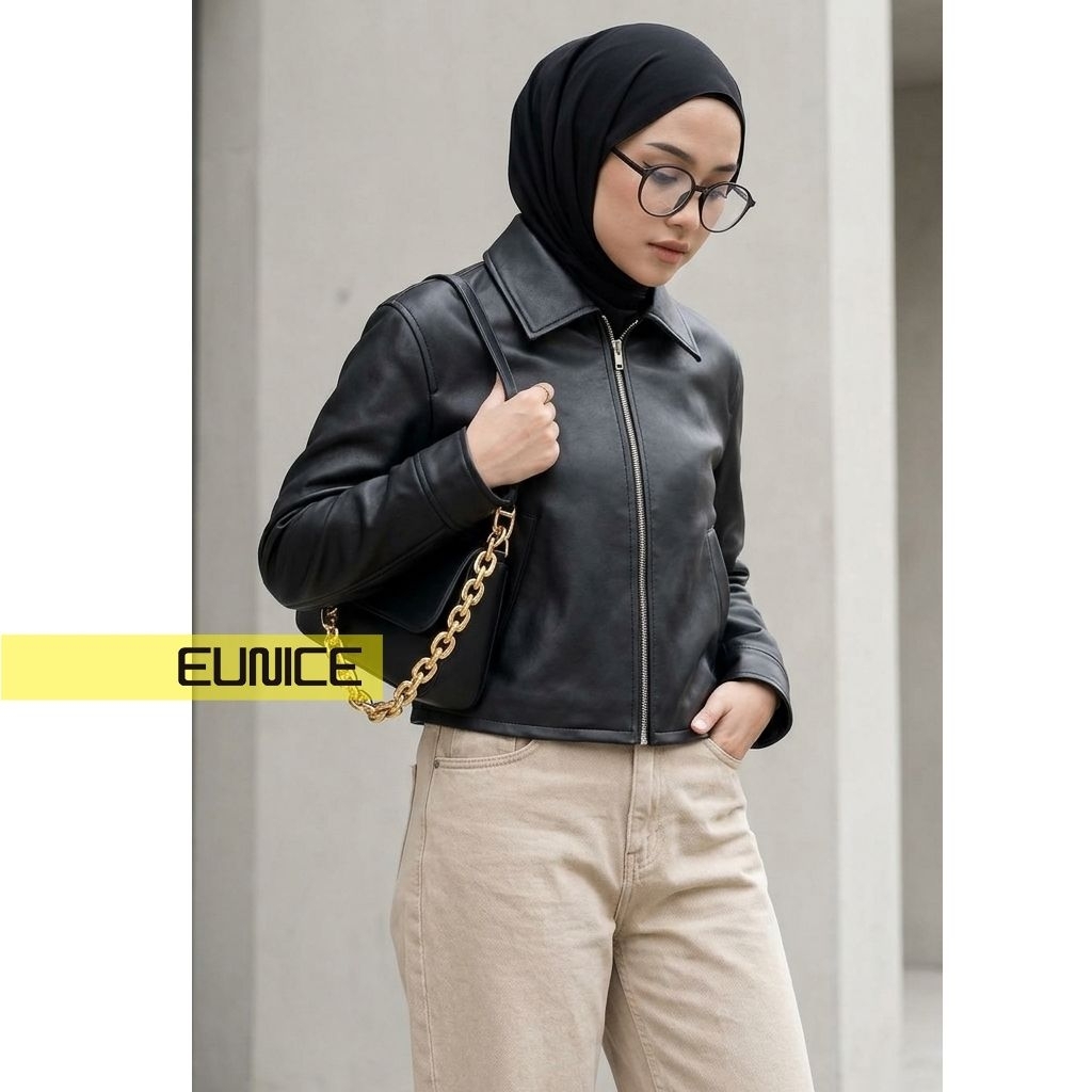 Jacket Kulit Wanita Hijab Friendly Premium - Harrington Leather Jacket M - Jacket Hitam Crop 52cm