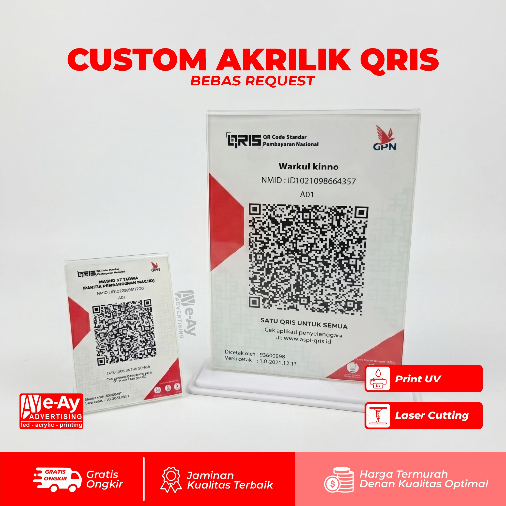 Cetak Papan Akrilik QRIS Custom | QRIS + Stand Akrilik / QRis Pembayaran + Dudukan Akrilik