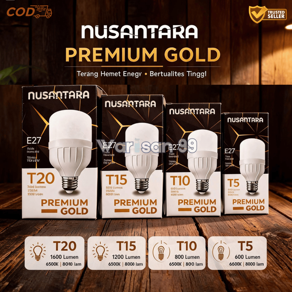 [5W/10W/15W/20W] Lampu LED Nusantara Premium Gold E27 – Putih Terang Cool White Hemat Energi