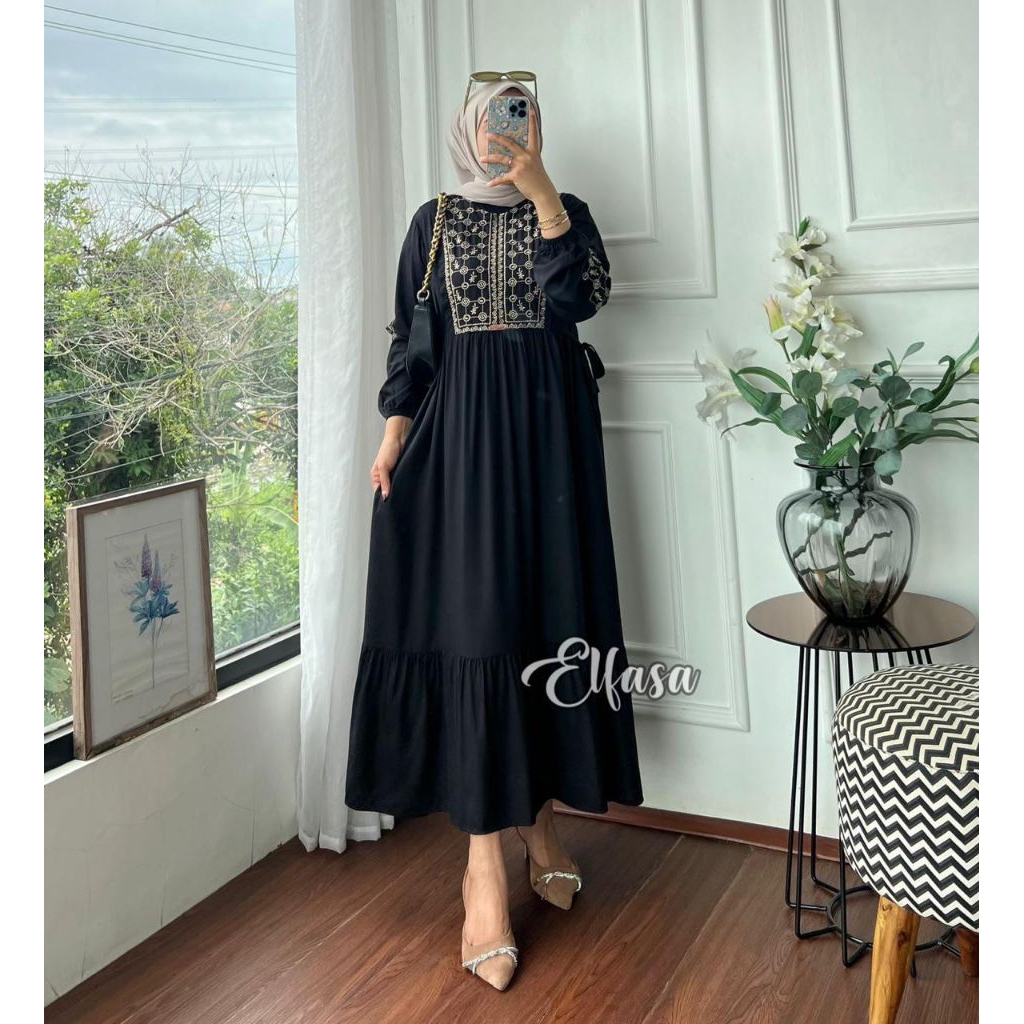 Midi Dress Bordir Elfasa Original/ Gamis Elfasa Original/ Gamis Midi Bahan Rayon Twill by Elfasa/ Ga