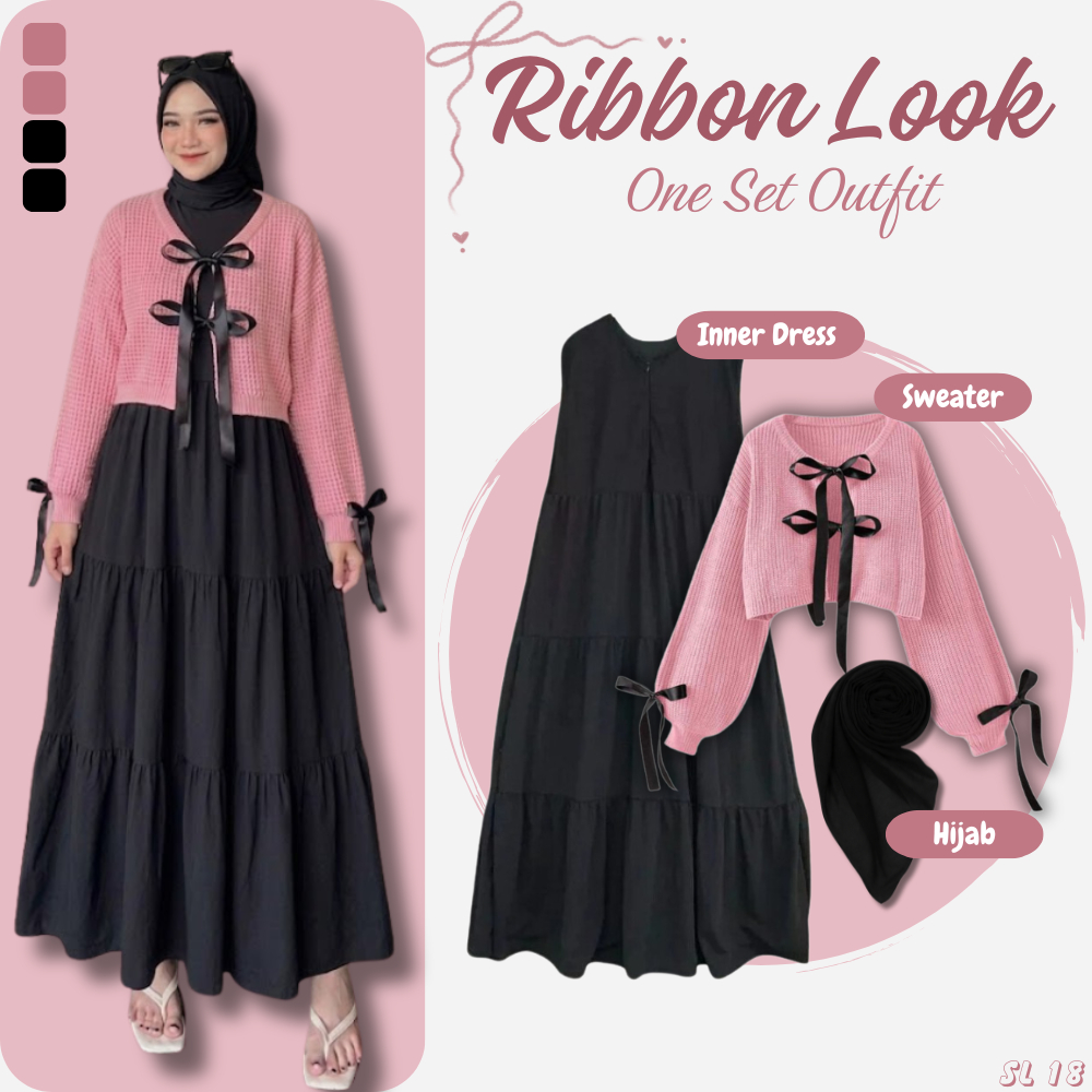 Setelan Wanita Hijab 3in1 Korean Style (Inner Dress,Sweater Ribbon,Hijab) OOTD Terbaru Kekinian SL18
