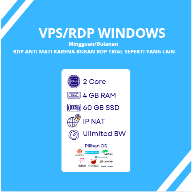 PROMO VPS / RDP WINDOWS RAM 4 GB 2 CORE 40 GB SSD  LOKASI INDONESIA ANTI MATI BISA DI PERPANJANG FUL