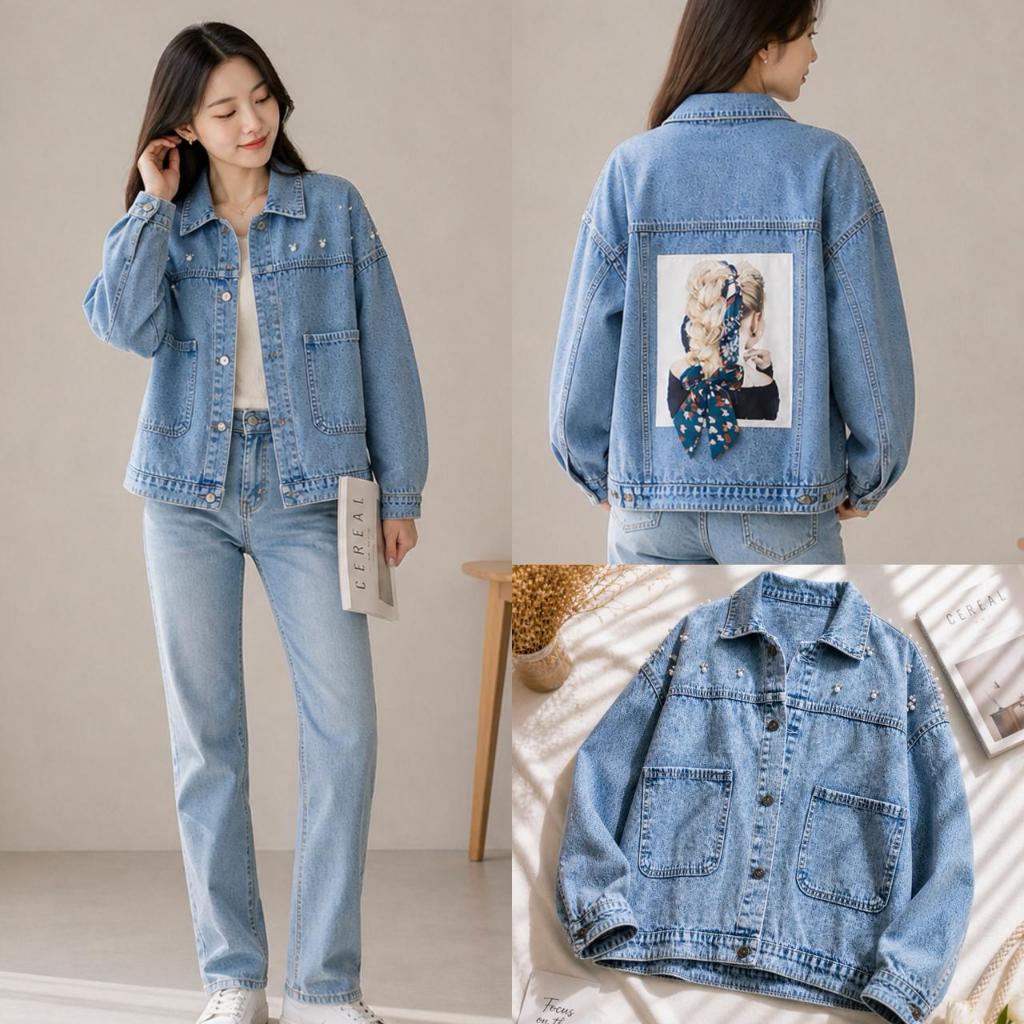 Jaket jeans oversize jaket wanita korean style model crop oversize motif pita lucu