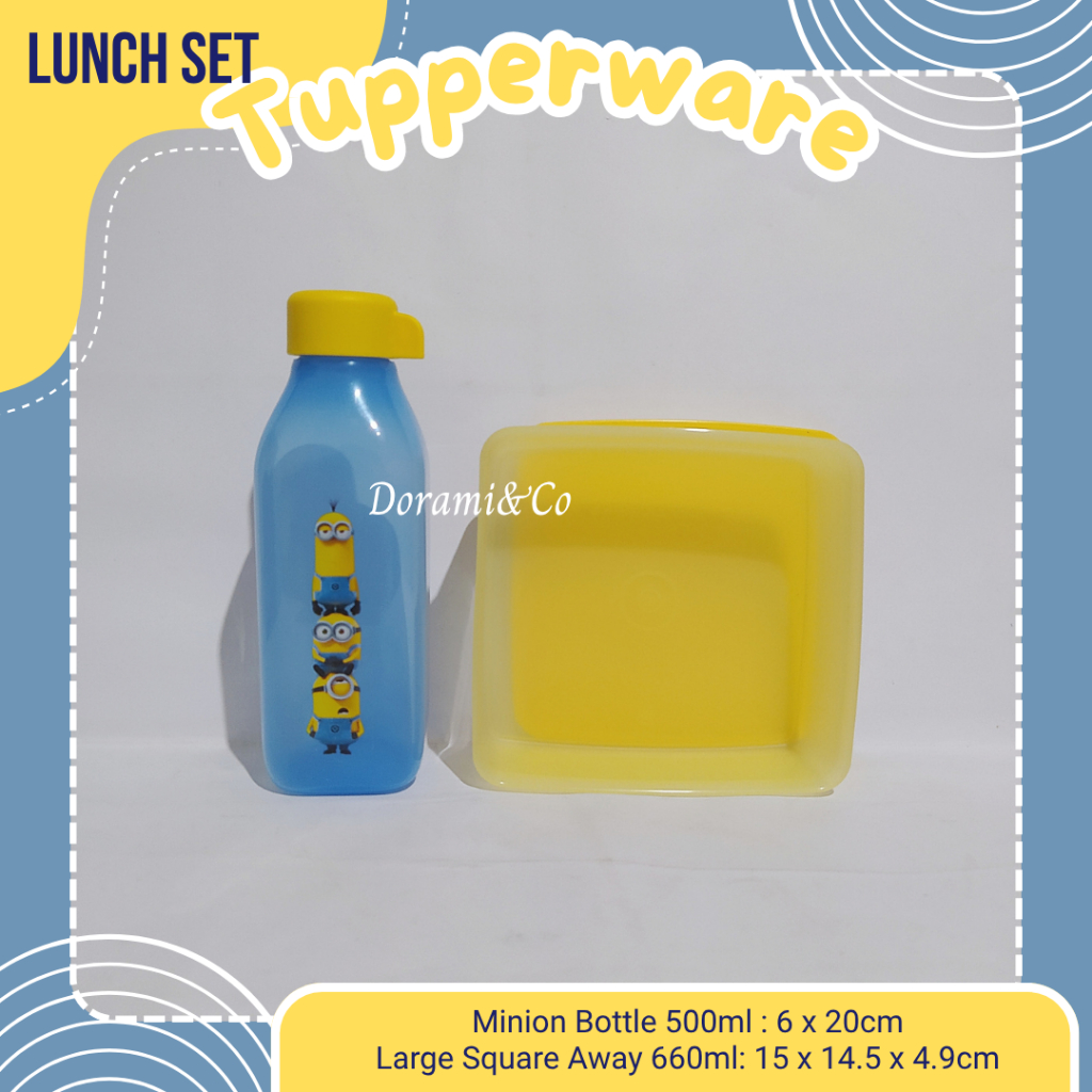 TUPPERWARE Lunch Box Set Tempat Bekal Anak Botol Minum Kotak Makan Minion Eco Water Bottle Large Squ