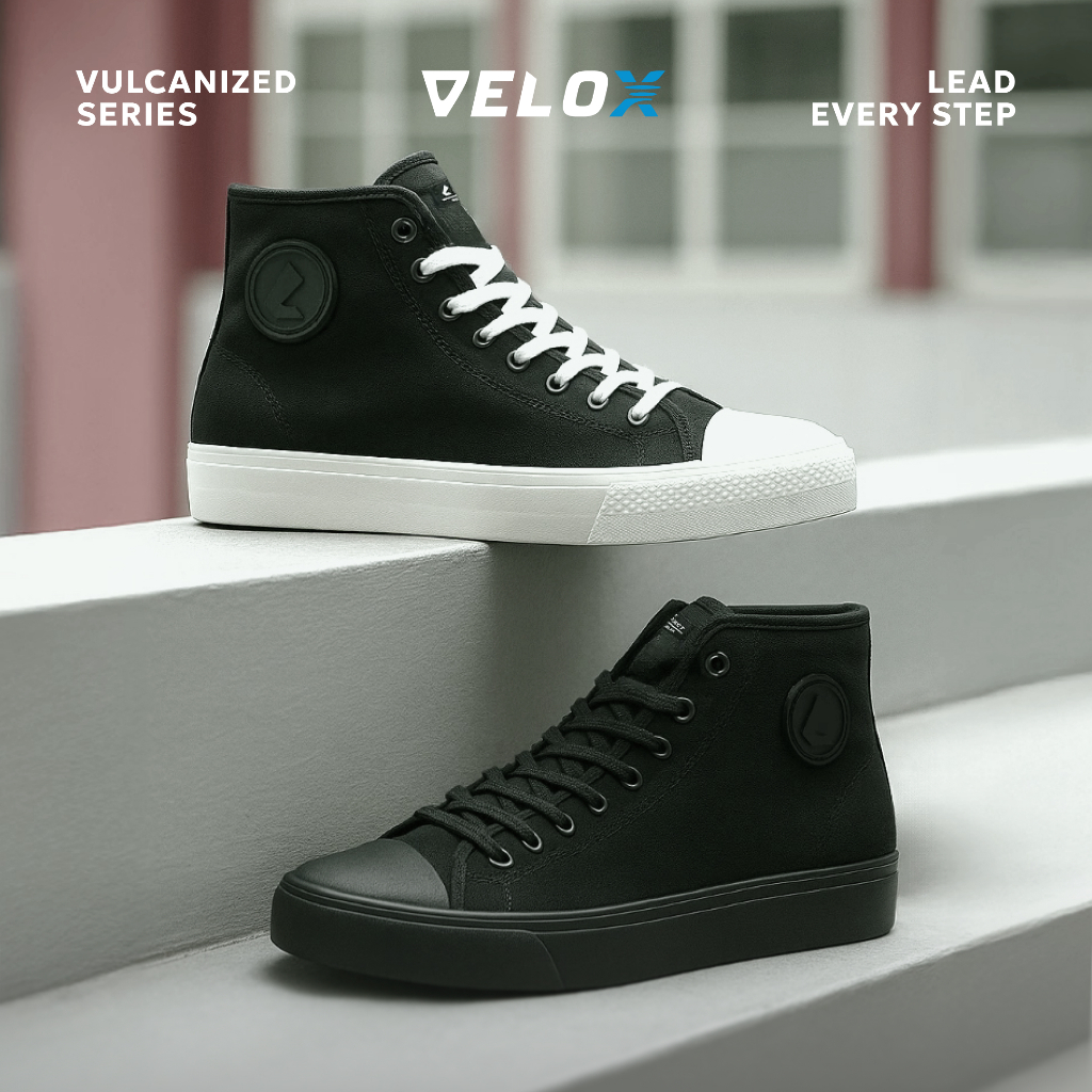 VELOX - Sepatu Sneakers Vulcanized High Top Black White - Sepatu Sekolah Hitam Putih Pria Wanita