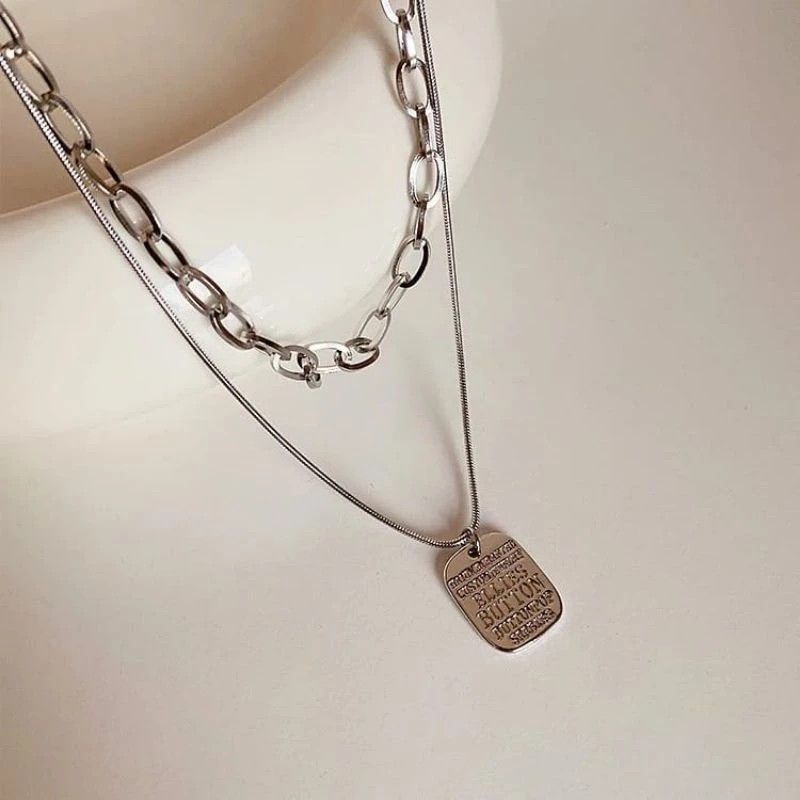 Kalung Ellie Button - Double Layer Silver Oval Snake Chain Square Pendant 2 Pcs Chains / Set Kalung 