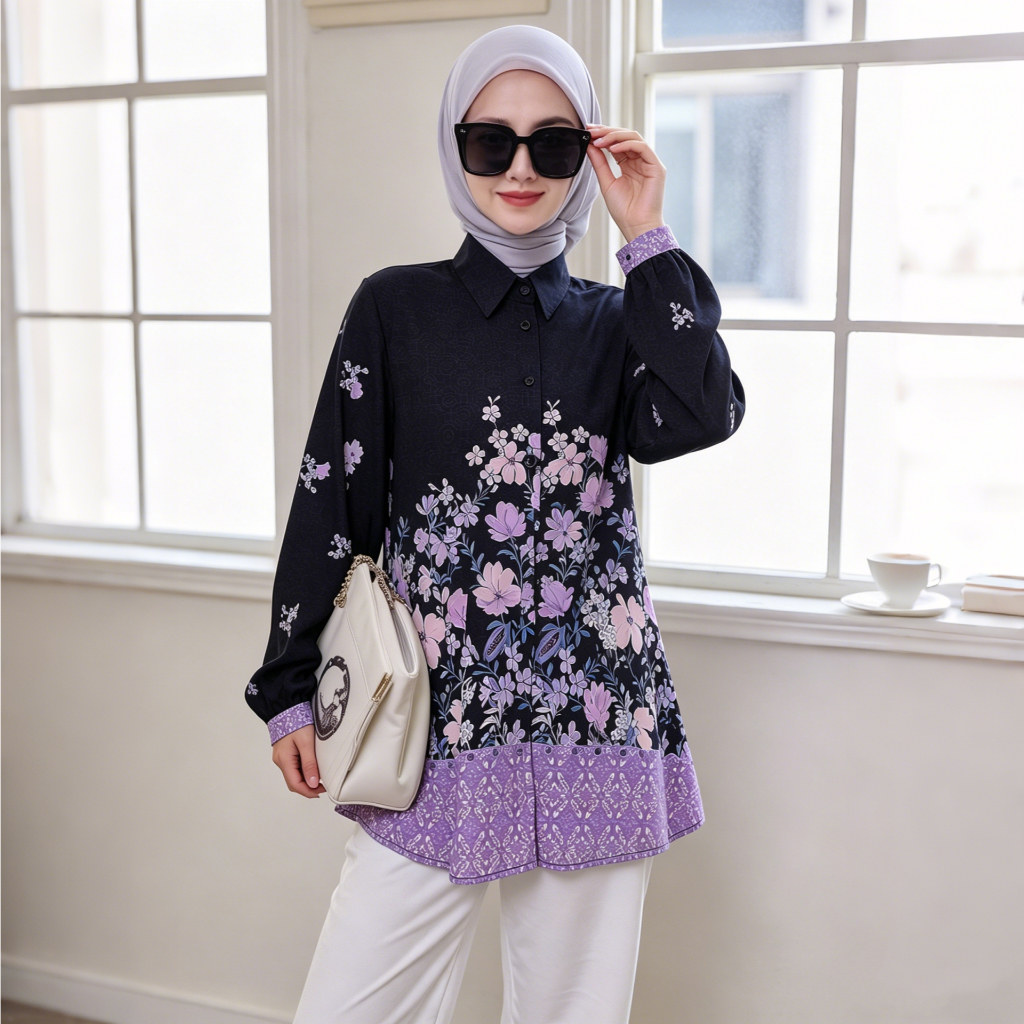 Fanmu - Daily Blouse Kemeja Motif Bunga Wanita Bahan Rayon Premium