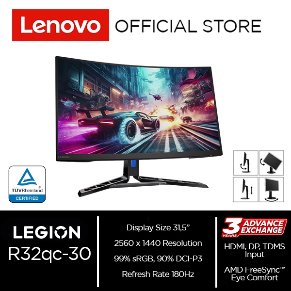 Lenovo Legion R32qc-30 VA 31.5" Monitor Gaming QHD 180Hz 1500R Curved