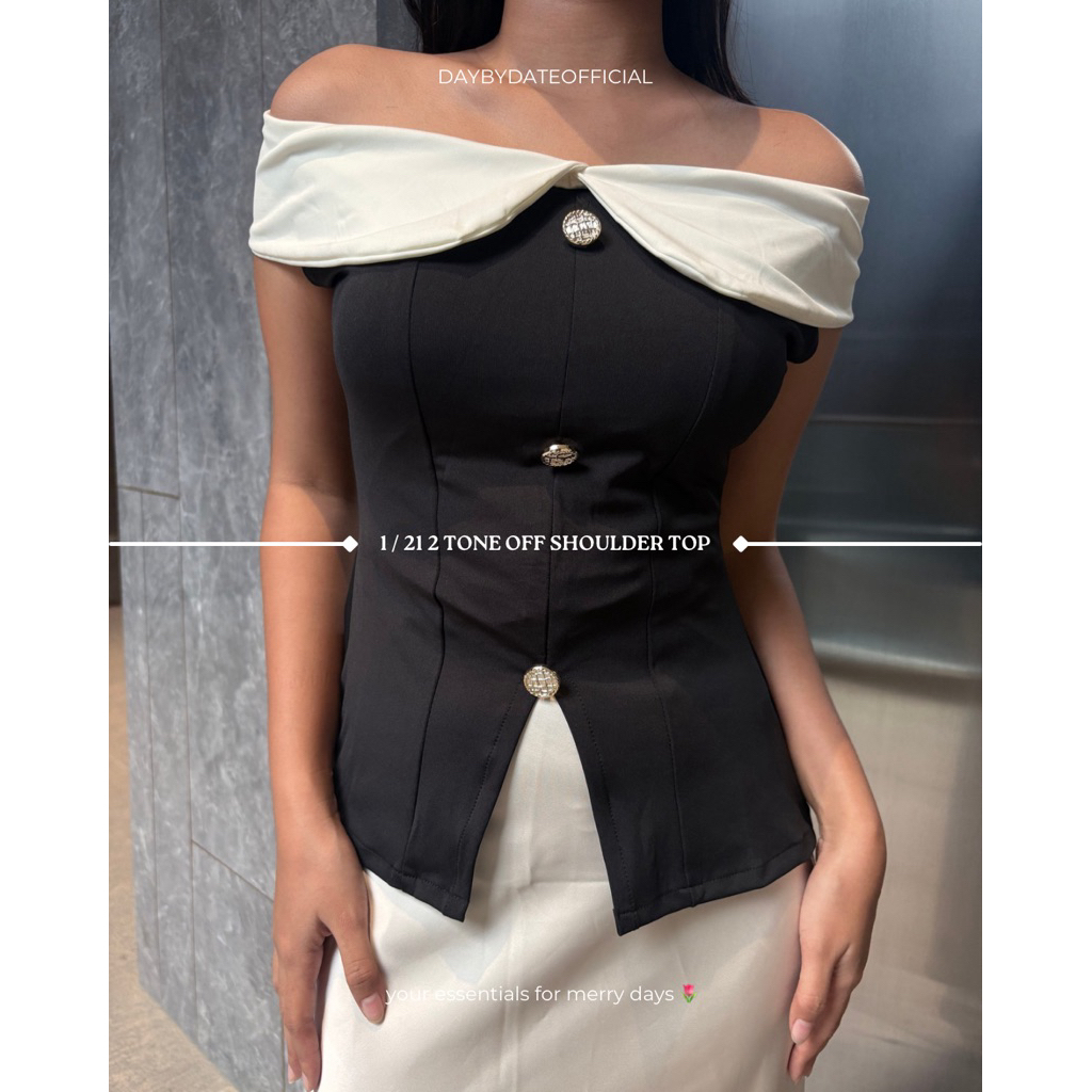 1 / 21 2 Tone Off Shoulder Top | Daybydate | Off Shoulder Top Off Shoulder Sabrina Top Atasan Off Sh