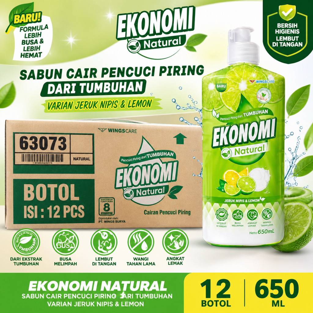 Ekonomi Natural Sabun Cuci Piring 1 Dus 12 Botol 650ml Jeruk Nipis Lemon Murah Busa Banyak Original