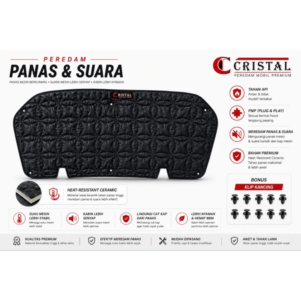 KIA CARENS Peredam suara dan panas kap mesin mobil, PNP WATERPROOF FLUS KLIP KANCING