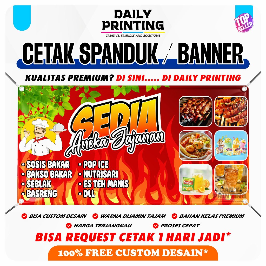 CETAK SPANDUK BANNER BAHAN FLEXI - SPANDUK JUALAN ANEKA JAJANAN - SPANDUK BANNER PROMOSI BAHAN PREMI