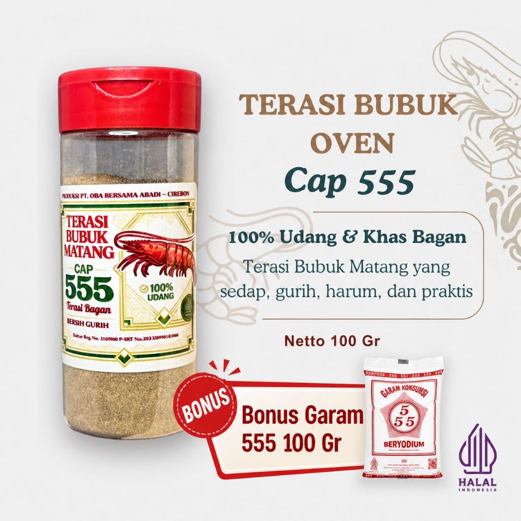 TERASI BUBUK UDANG MATANG KHAS BAGAN Cap 555 (100 gr) - Terasi Udang Halal Bagan/Bangka - Terasi Ove