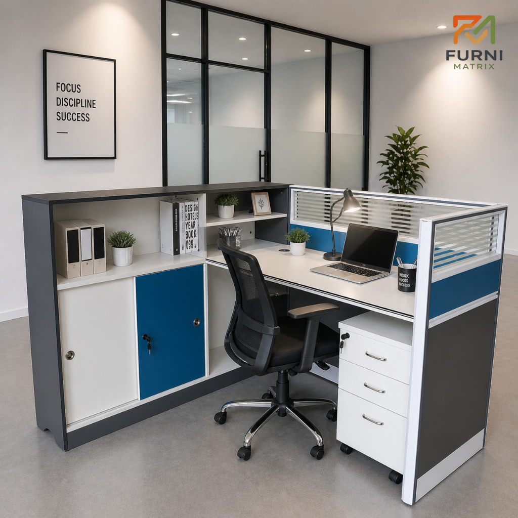 MEJA PARTISI KANTOR L SHAPE | MEJA KERJA MINIMALIS MODERN | MEJA KOMPUTER + LACI RODA