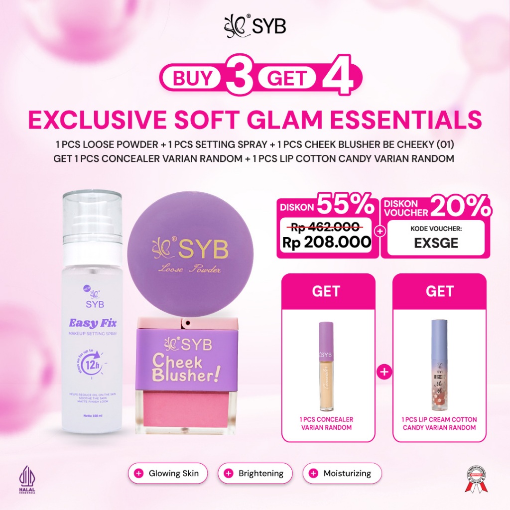EXCLUSIVE SOFT GLAM ESSENTIALS [ LOOSE POWDER + SETTING SPRAY + CHEEK BLUSHER ] GET 1PC CONCEALER + 