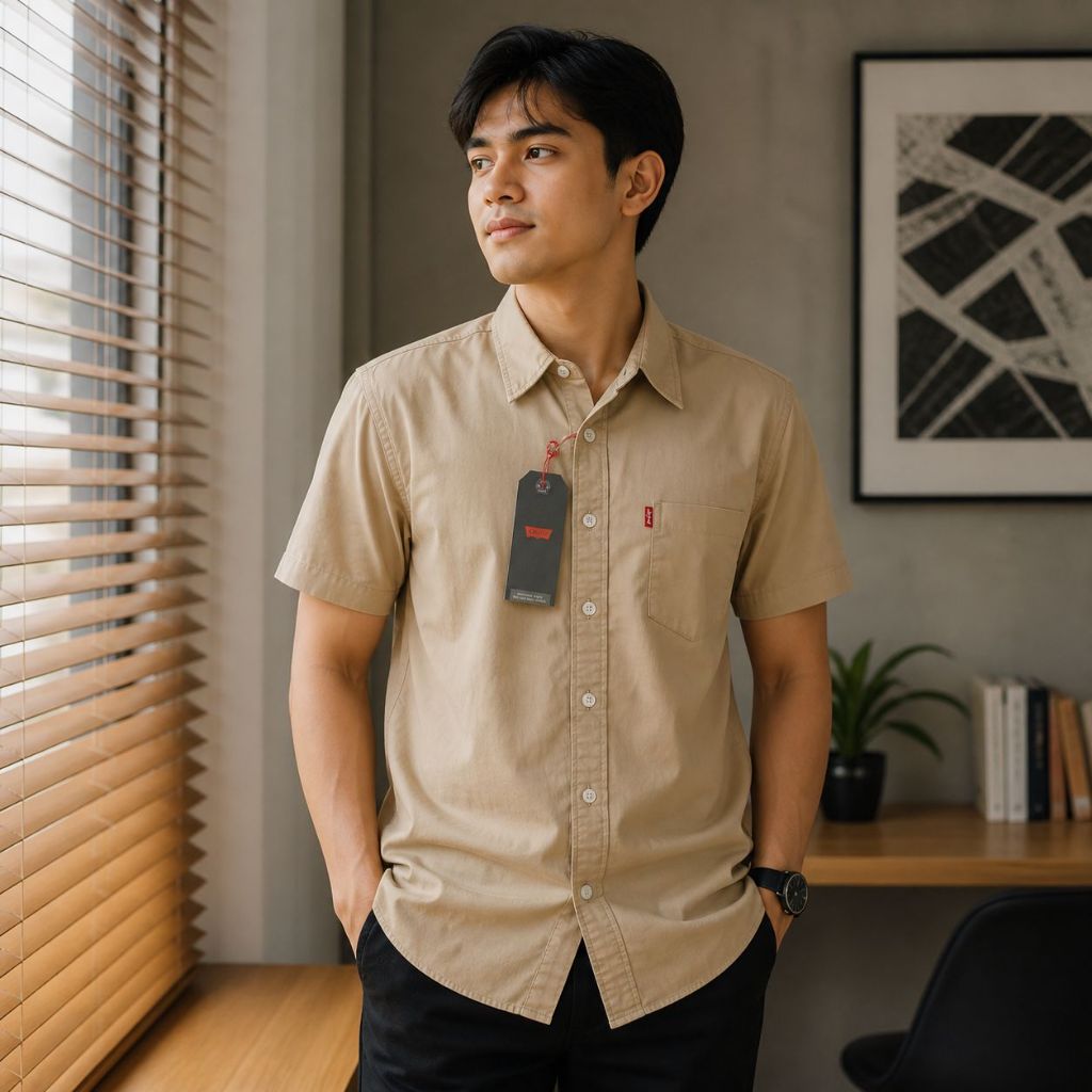 Kemeja Polos Lengan Pendek LvS Kasual Pria Kemeja Branded Pria Bahan Katun Pria