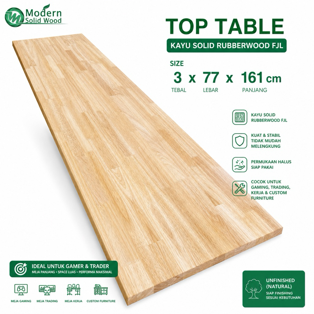 Top Table Kayu Solid FJL Rubberwood 3x77x161 cm – Meja Panjang Gaming & Trading, Kuat Stabil Siap Pa
