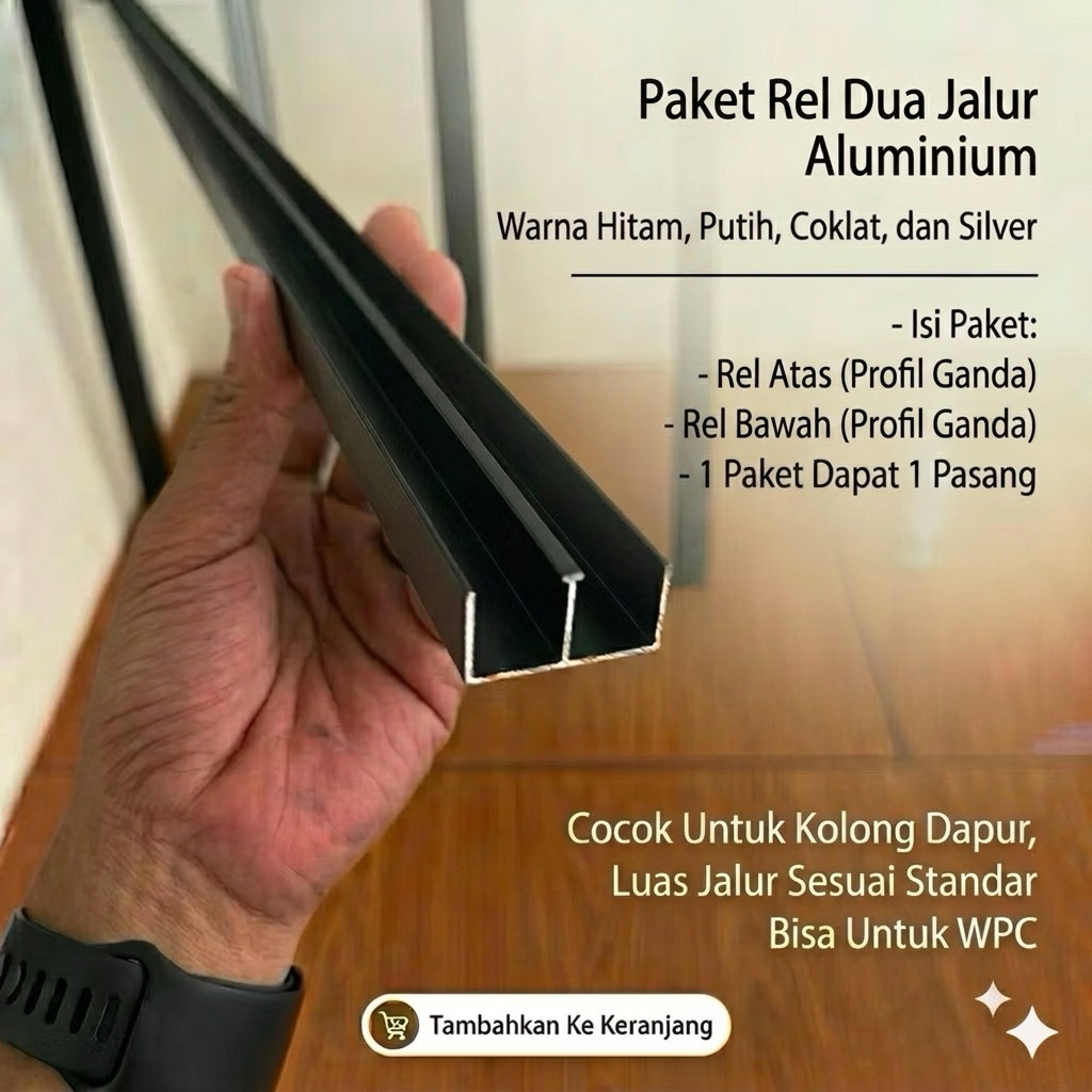 Rel Aluminium 2 Jalur (Paket 1,75 Meter Atas Bawah untuk Kolong Dapur, Pintu Geser, Lemari Sliding)