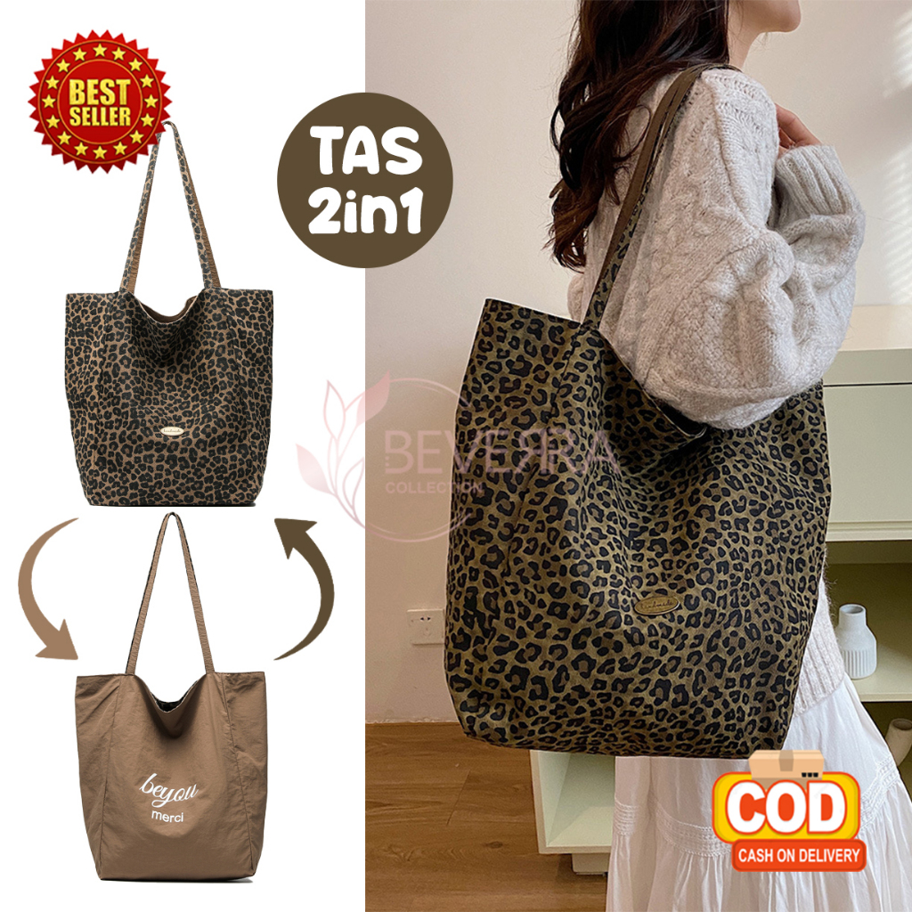 Tote Bag Motif Leopard Macan Tutul 2in1 Bolak Balik Tas Bahu Canvas Fashion Wanita Trendy CY130